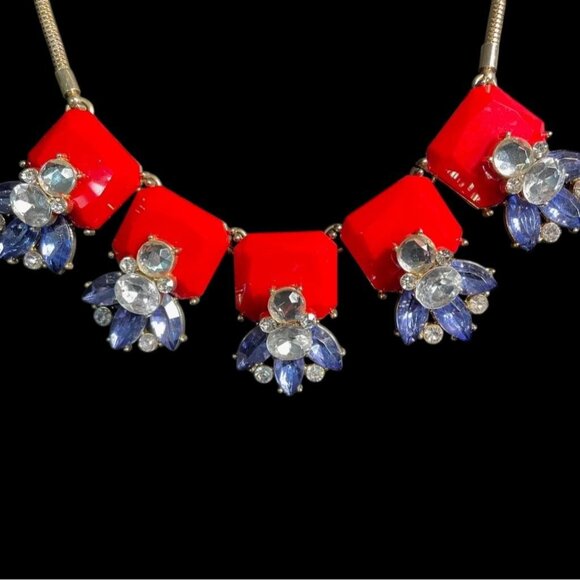 Gold Red Blue Statement Necklace Crystal Flower Bib Adjustable Glam Party Chic - Picture 5 of 6